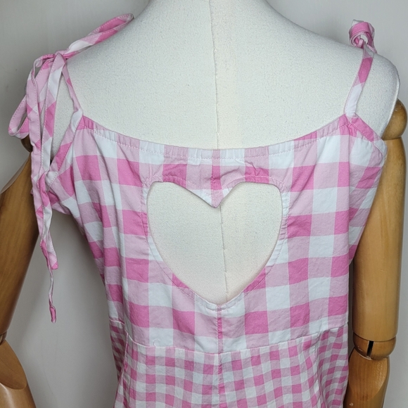 Unique Vintage Pink Gingham Buffalo Plaid Romper XL Heart Cutout Back 100% Cotto - Picture 10 of 12